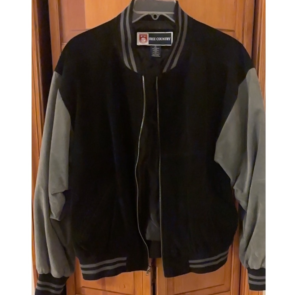 VTG Free Country Leather Bomber Jacket Mens XL Gray Sleeve Zip Up Coat NICE!!‎